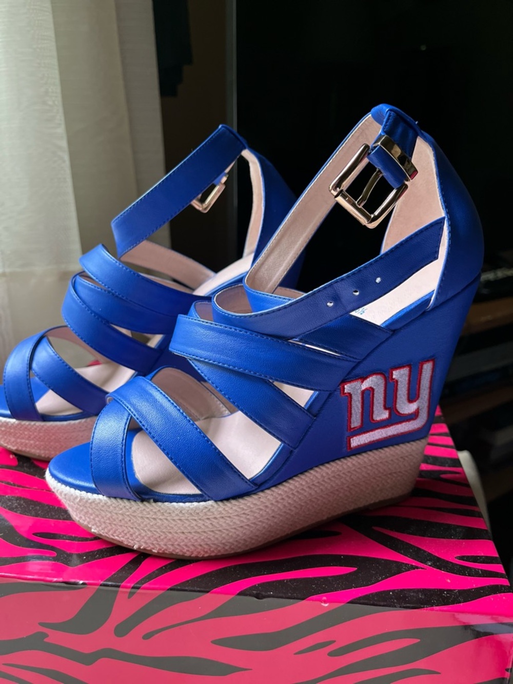 Women's Royal Blue Wedge Sandals with NY Logo - Strappy Ankle Buckle
